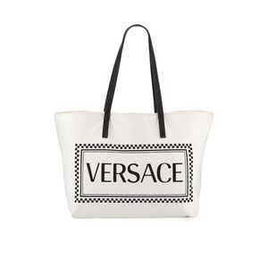 Versace Canvas Logo Tote with Black Leather Straps